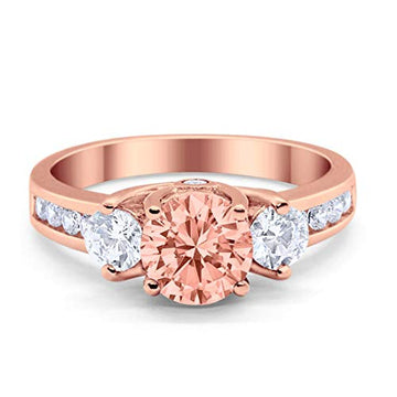 Three Stone Wedding Ring Round Rose Tone, Simulated Morganite CZ Sterling Silver